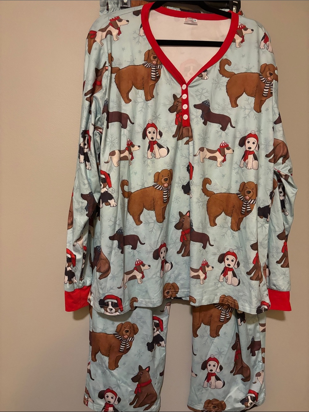 Women's Light Blue Dog-Print Button Pajama Set with Red Trim